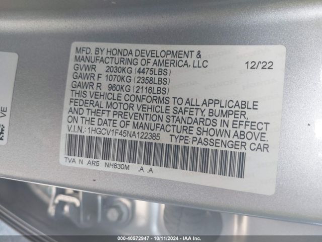 1HGCV1F45NA122385 Honda Accord Sport Special Edition