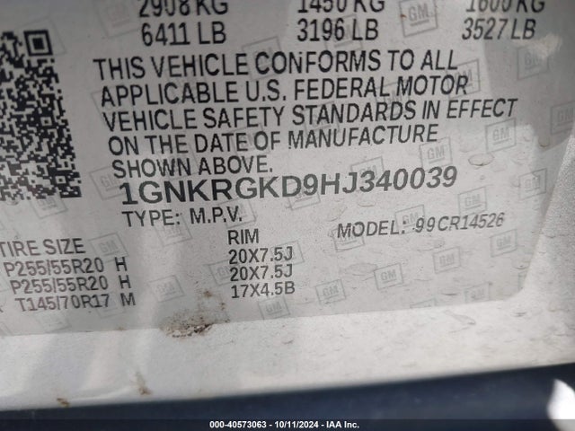 Chevrolet Traverse 1lt 2017 1GNKRGKD9HJ340039 Image 9