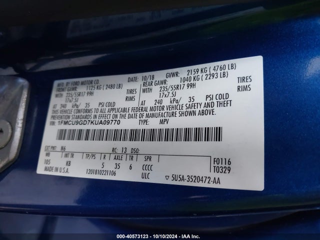 Ford ESCAPE SE 2019 1FMCU9GD7KUA09770 Image 9