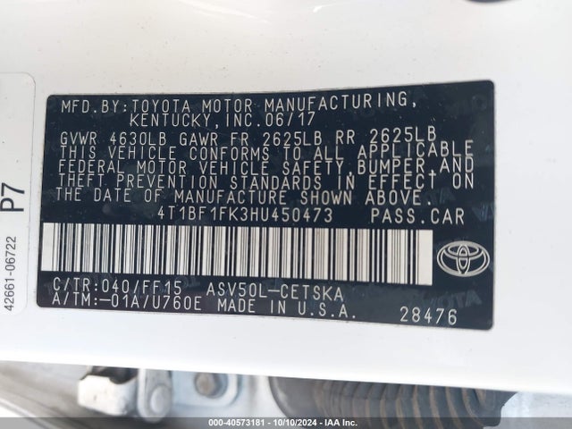 Toyota CAMRY SE 2017 4T1BF1FK3HU450473 Image 9
