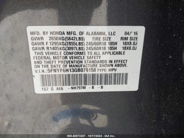 5FNYF6H13GB079158 Honda PILOT LX