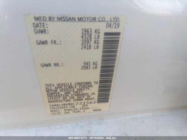 Nissan Altima 2.5 S 2019 1N4BL4BV8KC221563 Image 9