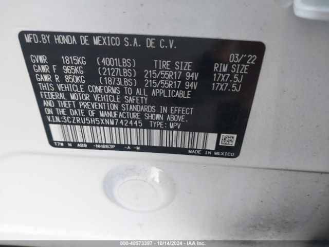 3CZRU5H5XNM742445 Honda Hr-v 2wd Ex