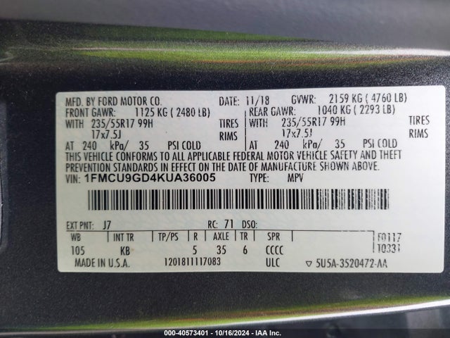 Ford ESCAPE SE 2019 1FMCU9GD4KUA36005 Image 9