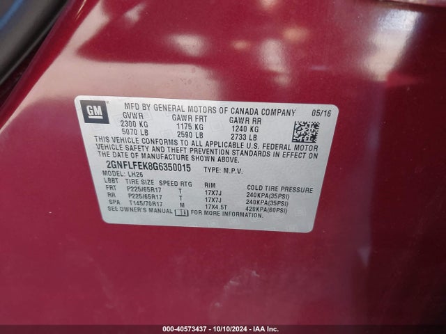 Chevrolet EQUINOX LT 2016 2GNFLFEK8G6350015 Image 9