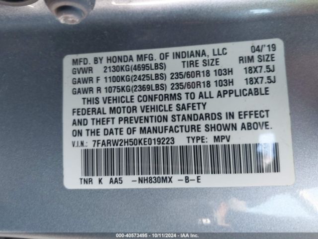 7FARW2H50KE019223 Honda CR-V EX