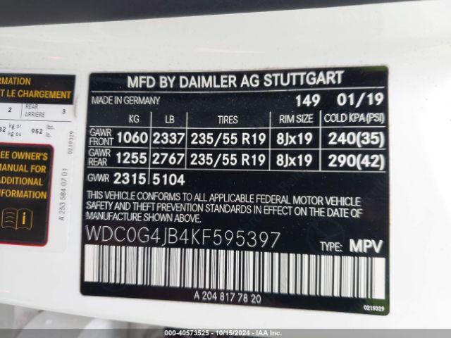 WDC0G4JB4KF595397 Mercedes-Benz GLC 300