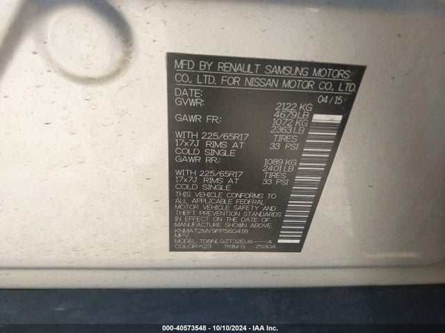 Nissan ROGUE SV 2015 KNMAT2MV9FP560418 Image 9