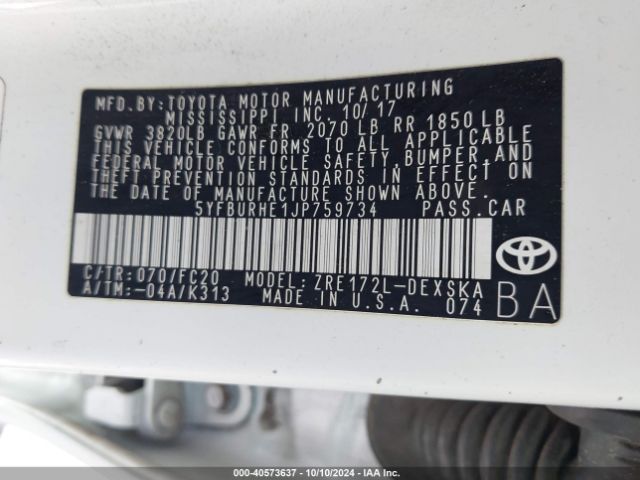 5YFBURHE1JP759734 Toyota COROLLA SE