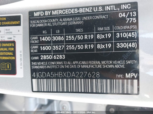 Продажа на аукционе авто 2013 Mercedes-benz Ml 350 4matic, vin: 4JGDA5HBXDA227628, номер лота: 40573641