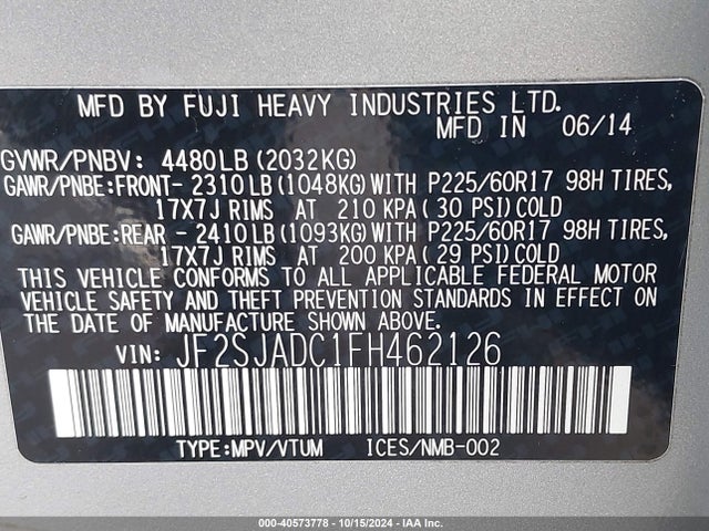 Subaru Forester 2.5i Premium 2015 JF2SJADC1FH462126 Image 9