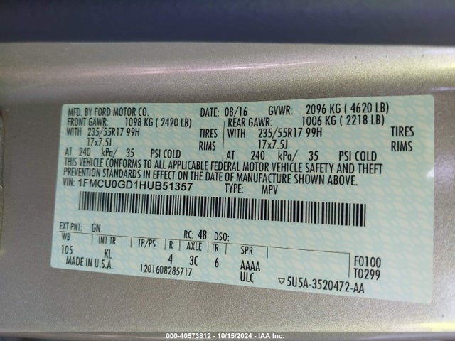 Ford ESCAPE SE 2017 1FMCU0GD1HUB51357 Image 9