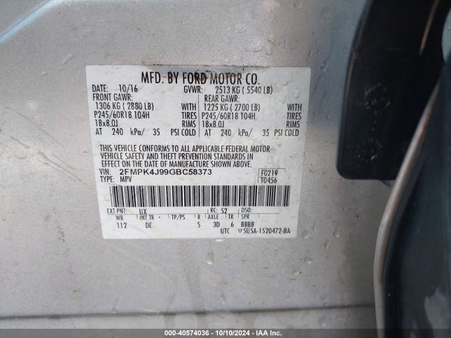 Ford EDGE SEL 2016 2FMPK4J99GBC58373 Image 9