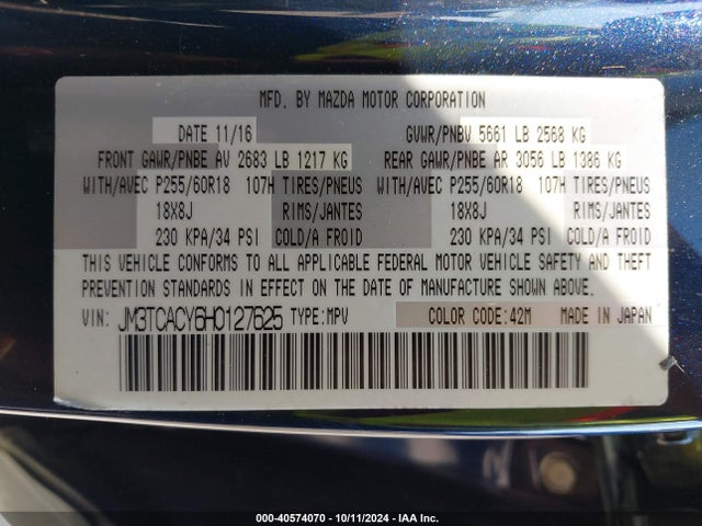 JM3TCACY6H0127625 Mazda Cx-9 Touring