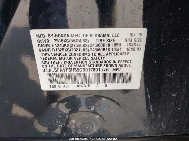 Honda Pilot Ex-l 2016 5FNYF5H59GB017891 Image 9