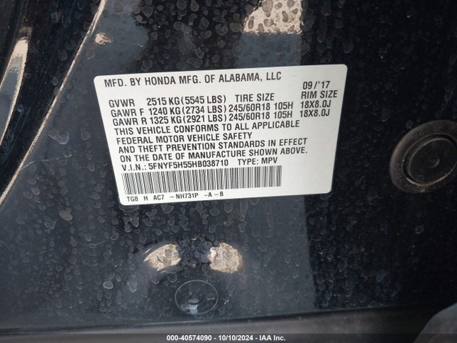 Honda Pilot Ex-l 2017 5FNYF5H55HB038710 Image 9