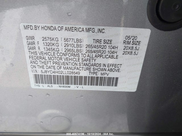 Acura MDX 2020 5J8YD4H02LL028549 Image 9