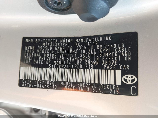 Toyota COROLLA LE 2020 5YFEPRAE9LP081719 Image 9