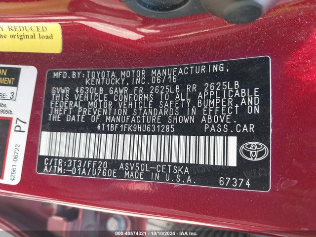 Toyota CAMRY SE 2017 4T1BF1FK9HU631285 Image 9