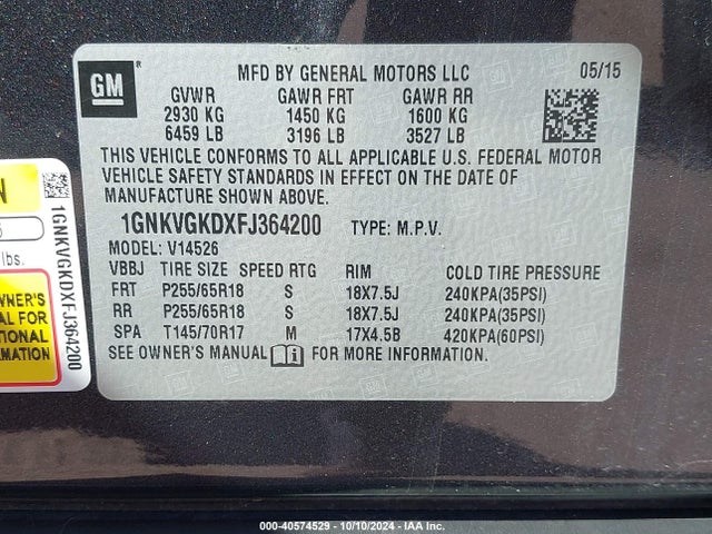 Chevrolet Traverse 1lt 2015 1GNKVGKDXFJ364200 Image 9