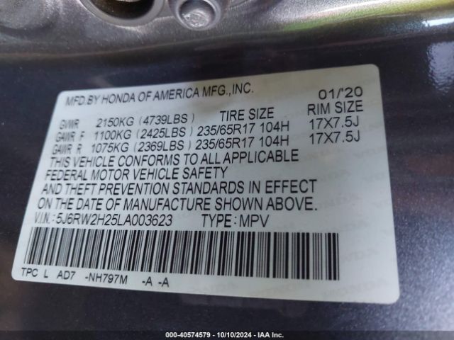 5J6RW2H25LA003623 Honda Cr-v Awd Lx