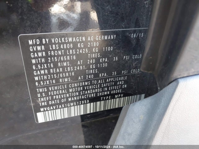 WVGAV7AX1GW512959 Volkswagen TIGUAN S