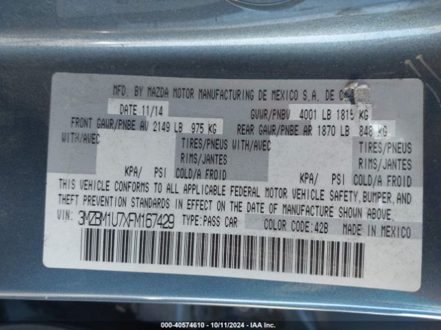 3MZBM1U7XFM167429 Mazda MAZDA3