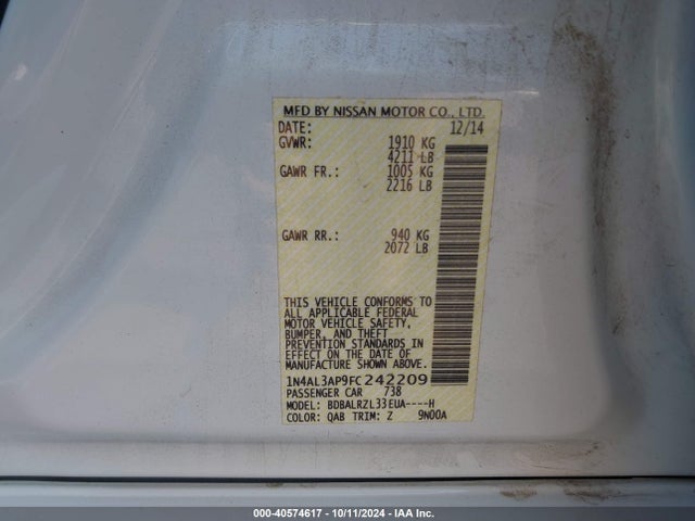 Nissan Altima 2.5 Sl 2015 1N4AL3AP9FC242209 Image 9