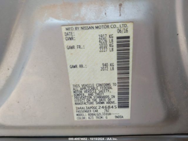 1N4AL3AP0GC246845 Nissan Altima 2.5/2.5 S/2.5 Sl/2.5 Sr/2.5 Sv