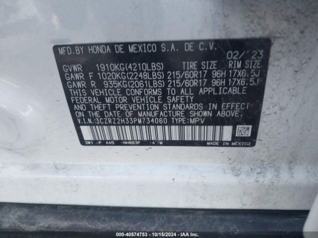 3CZRZ2H33PM734060 Honda Hr-v Awd Lx