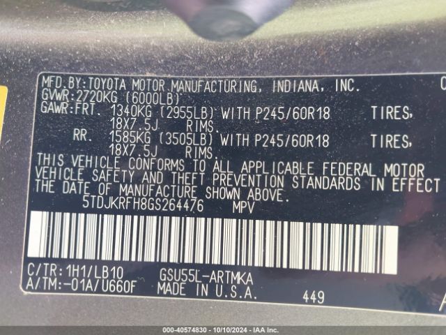 5TDJKRFH8GS264476 Toyota Highlander Xle V6
