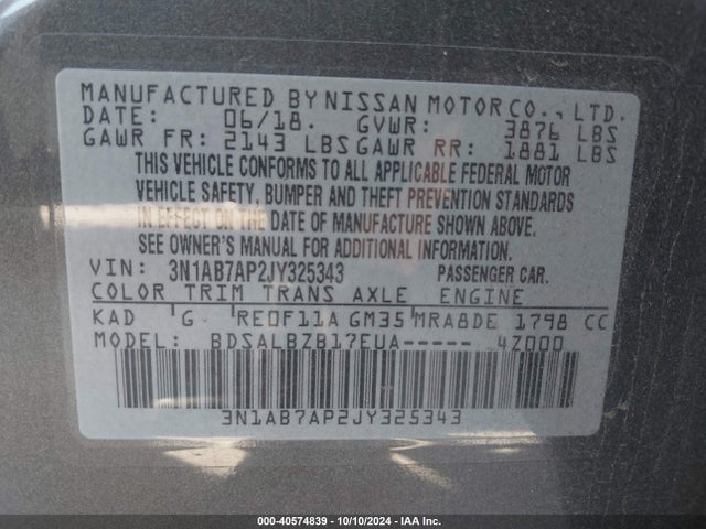 Nissan SENTRA S 2018 3N1AB7AP2JY325343 Image 9