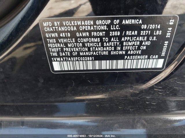1VWAT7A32FC022891 Volkswagen Passat 1.8t Wolfsburg Edition