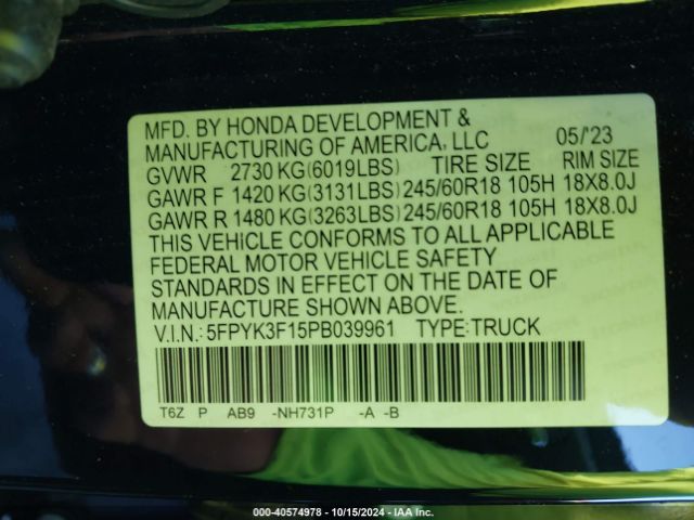 5FPYK3F15PB039961 Honda Ridgeline Sport
