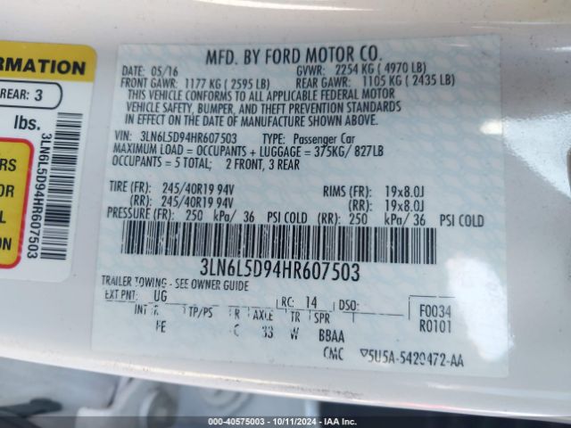 3LN6L5D94HR607503 Lincoln MKZ SELECT
