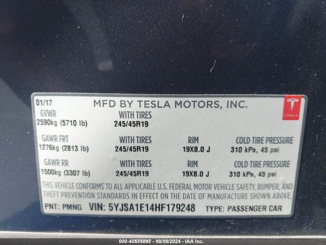 2017 TESLA MODEL S 5YJSA1E14HF179248 Photo 8