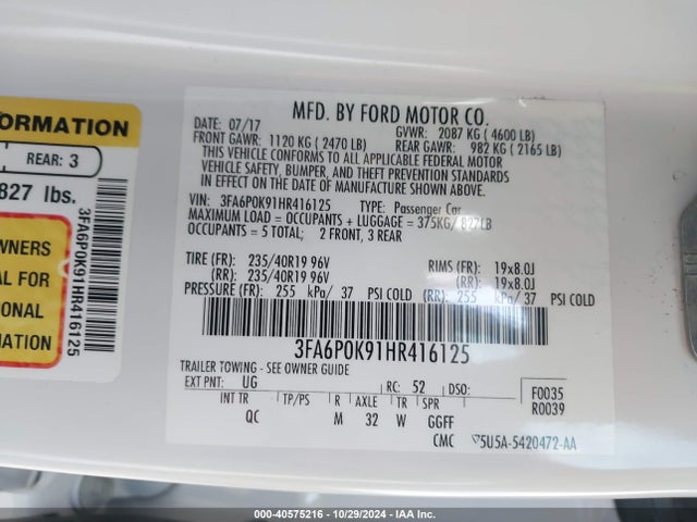 Ford Fusion Platinum 2017 3FA6P0K91HR416125 Image 9
