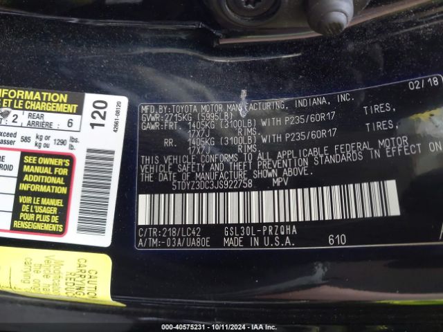 5TDYZ3DC3JS922758 Toyota Sienna Xle Premium 8 Passenger