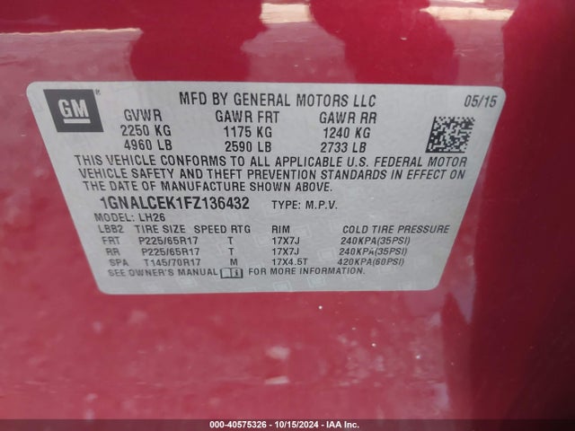 Chevrolet Equinox 2lt 2015 1GNALCEK1FZ136432 Image 9