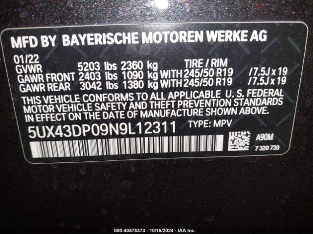 5UX43DP09N9L12311 BMW X3 Sdrive30i