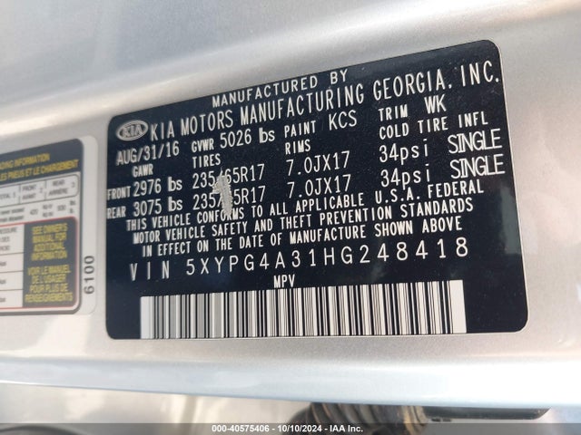 KIA Sorento 2.4l Lx 2017 5XYPG4A31HG248418 Image 9