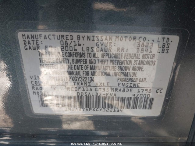 Nissan SENTRA SV 2016 3N1AB7APXGY322134 Image 9