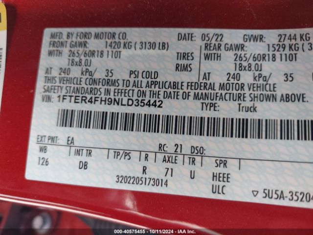 1FTER4FH9NLD35442 Ford Ranger Lariat