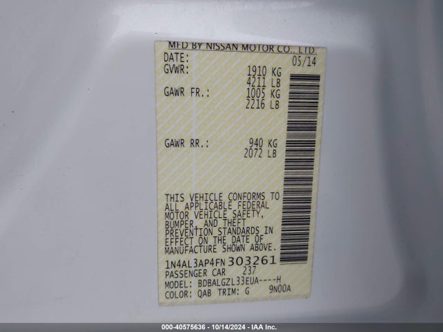Nissan Altima 2.5 S 2015 1N4AL3AP4FN303261 Image 9