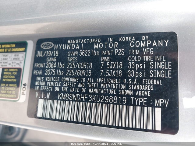 KM8SNDHF3KU298819 Hyundai Santa Fe Xl Se