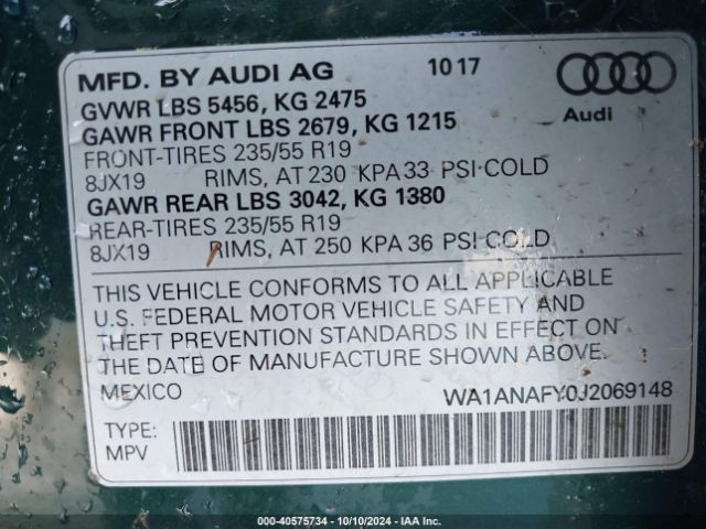 WA1ANAFY0J2069148 Audi Q5 2.0t Premium/2.0t Tech Premium
