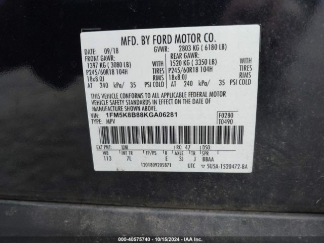 1FM5K8B88KGA06281 Ford Explorer