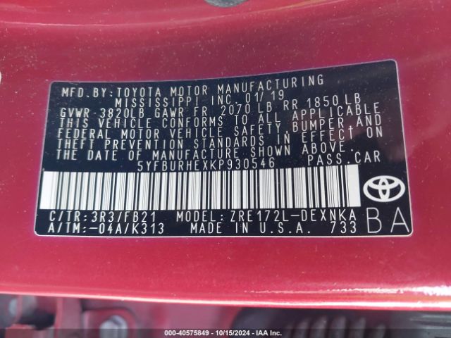 5YFBURHEXKP930546 Toyota COROLLA LE