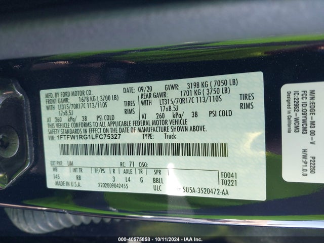 Ford F-150 Raptor 2020 1FTFW1RG1LFC75327 Image 9