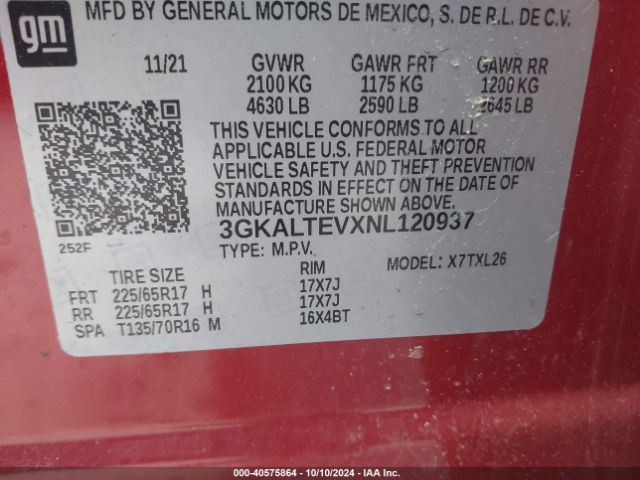 3GKALTEVXNL120937 GMC Terrain Awd Sle
